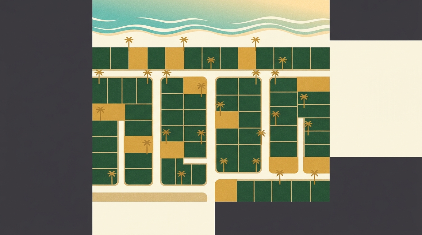 Editorial illustration of a well-planned PIMC coastal land subdivision — neat plots, access roads and palms beside the Indian Ocean