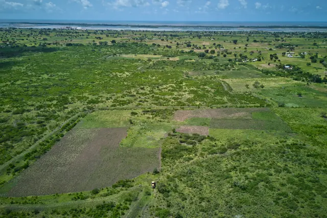 Aerial view of the Furaha Gardens subdivision at Gongoni with Gongoni Centre and the coastline on the horizon